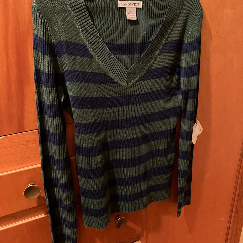 Cocovive V-Neck Striped Sweater - Green & Navy